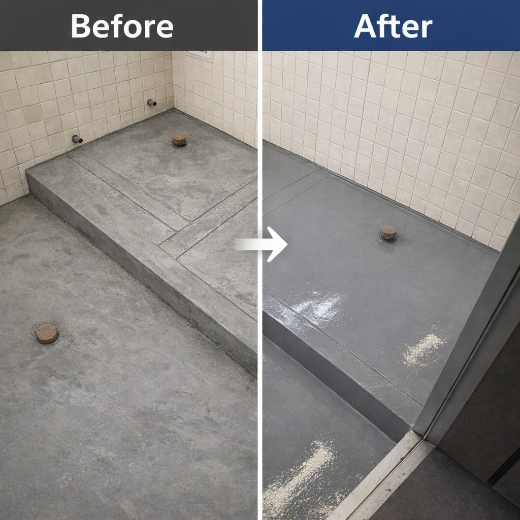 神奈川県工場トイレの施工前後比較。劣化したコンクリート床から塗床仕上げで清潔な空間へ改善した様子