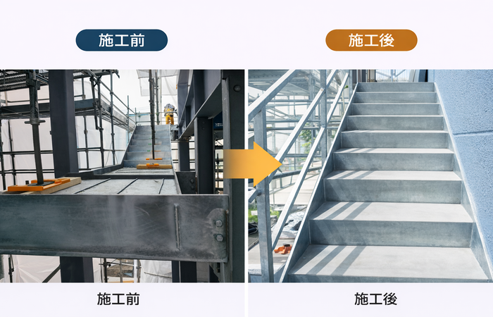 階段モルタル施工前・施工後