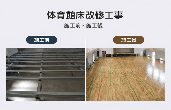 体育館鋼製床、フローリング、施工比較